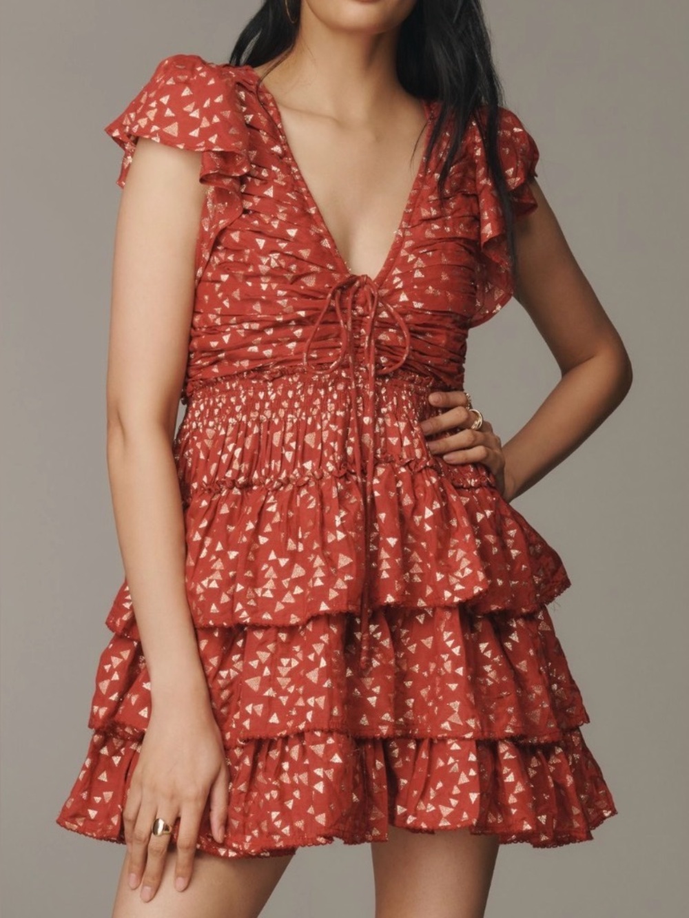 Nwt anthro Women’s Red Printed Ruffle V-Neck dress